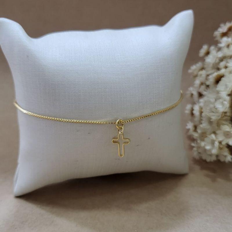 PULSEIRA VENEZIANA  COM PINGENTE CRUZ VAZADA BANHADO A OURO 18K