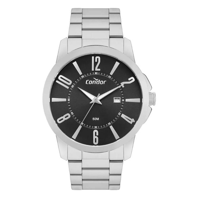 Relogio analogico masculino caixa grande todo na cor prata CO2115MXC/4K com mostrador na cor preta