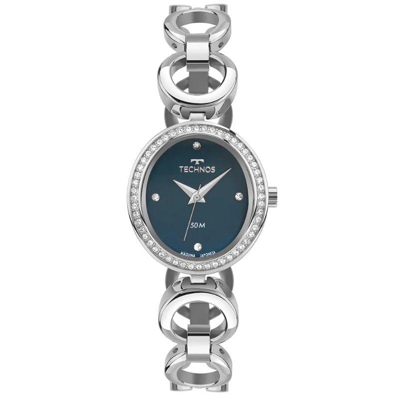 Relogio technos analogico caixa azul com pedrinhas nas laterais 2035MYO/1A oval pequeno feminino pulseira elos redondos na cor prata elegance