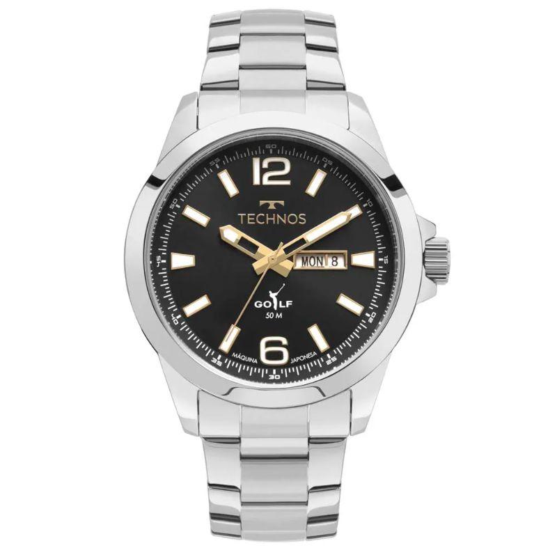 Relogio technos analogico masculino caixa grande 2105BD/1P todo na cor prata classic golf com mostrador na cor preto