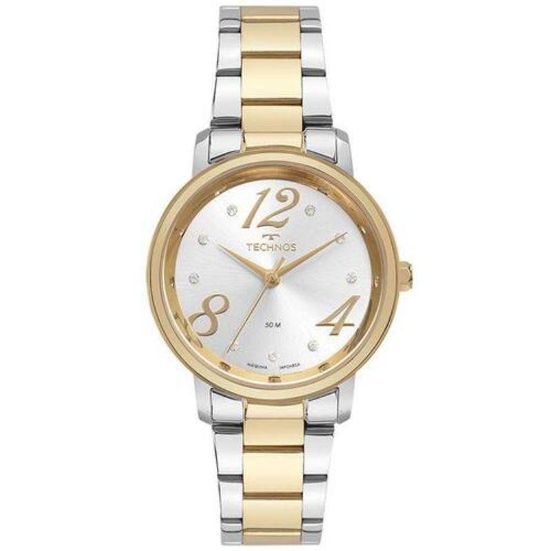 Relógio Technos feminino redondo com pulseira na cor dourado e prata 2035MYB/1K com mostrador na cor clara com numeração arábica nas posições de 4/8/12h fashion trend