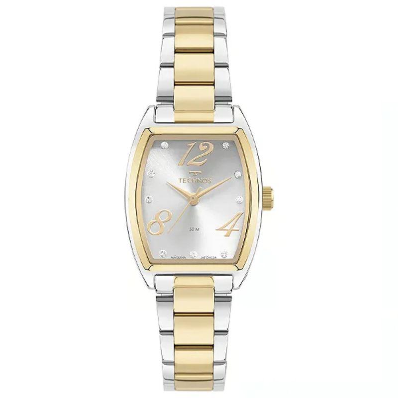 Relógio Technos feminino retangular com pulseira na cor dourado e prata com mostrador na cor clara com numeração arábica nas posições de 4/8/12h fashion trend 2035MZK/1K