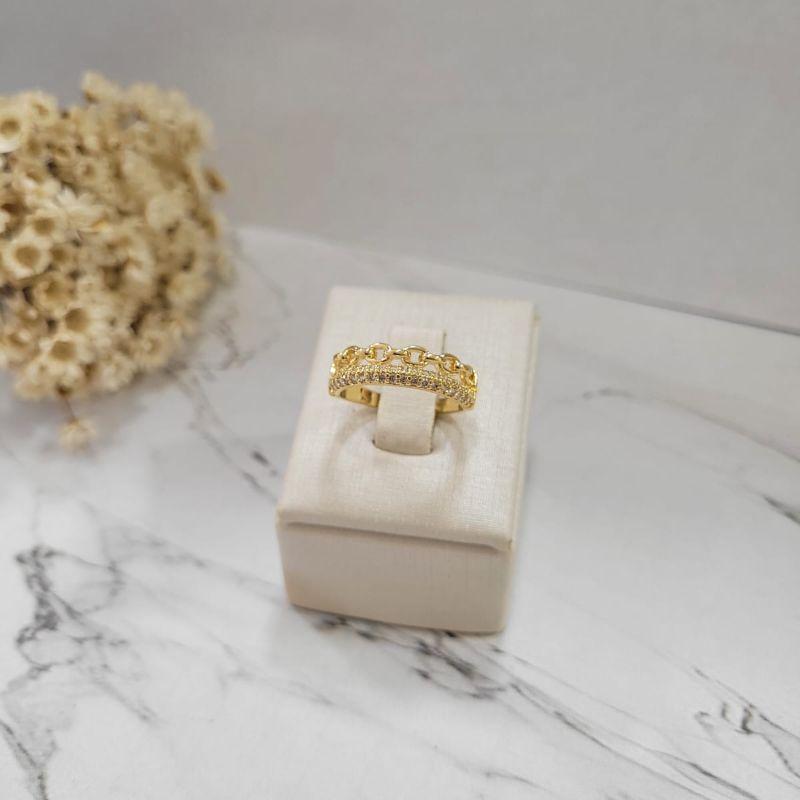Anel aro duplo 2 fileiras em zirconias e 1 fileira em elos banhado a ouro 18k