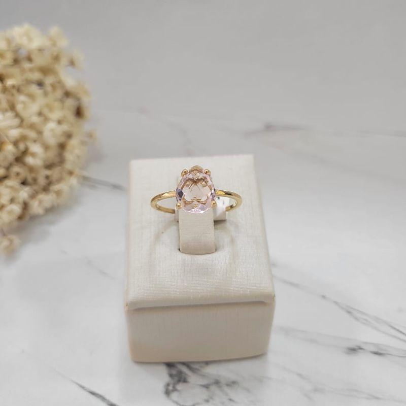 ANEL PEDRA HG GOTA GARRA ALTA COR QUARTZO ROSA BANHADO A OURO 18K