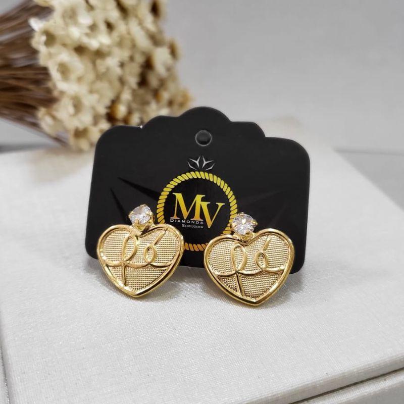 BRINCO OURINHO CORAÇÃO COM NOME FÉ E COM PONTO DE LUZ BANHADO A OURO 18K
