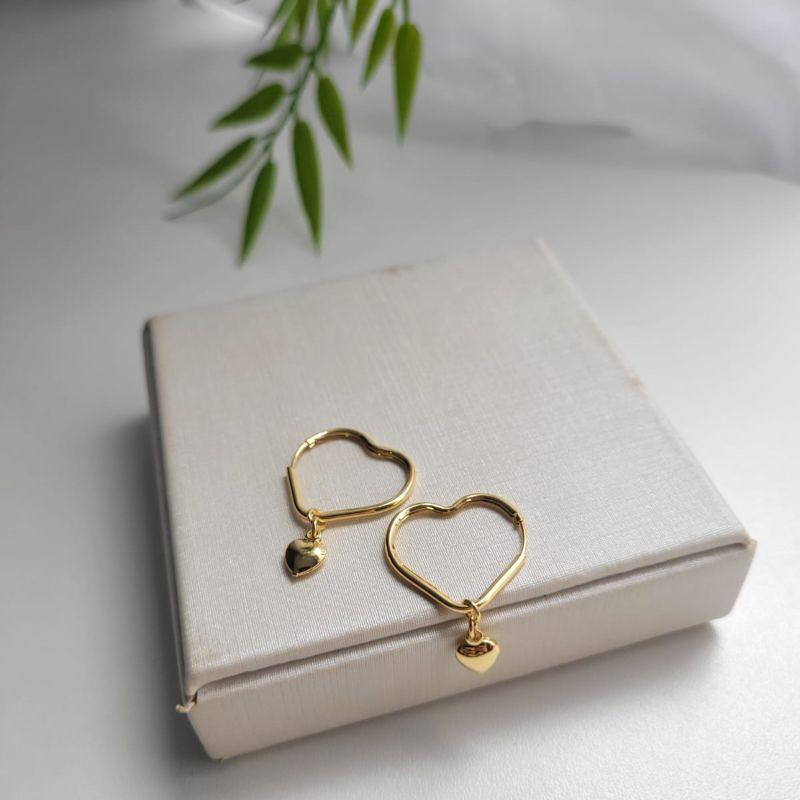 ARGOLA CORACAO COM PINGENTE DE CORACAO CHEIO LISO FIO REDONDO  BANHADO A OURO 18K