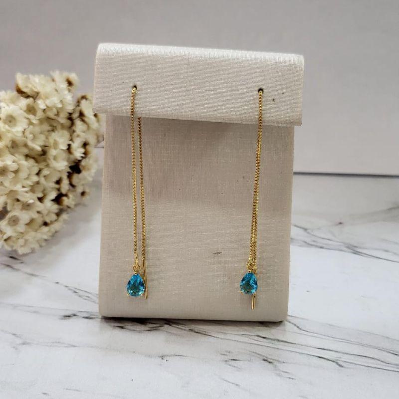 BRINCO CORRENTE COM PEDRA GOTA ÁGATA AZUL CÉU BANHADO A OURO 18K