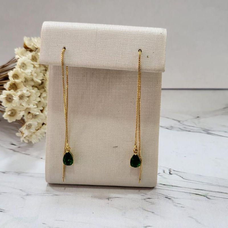 BRINCO CORRENTE COM PEDRA GOTA QUARTZO VERDE BANHADO A OURO 18K