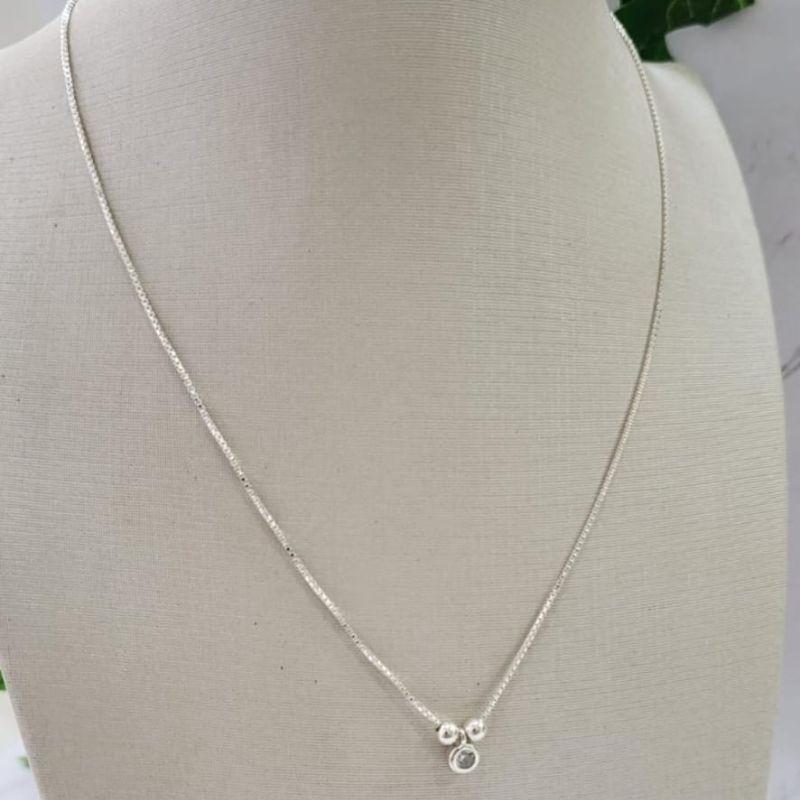 CHOCKER DE PRATA 925 VENEZIANA COM DUAS BOLAS E PINGENTE PONTO DE LUZ TAM32CM