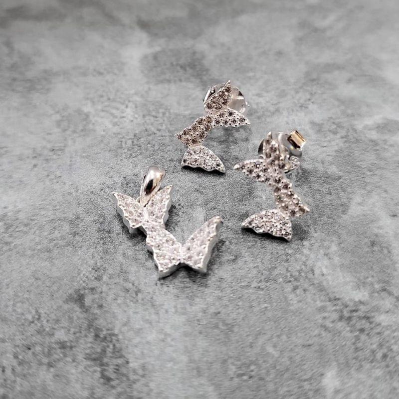 Conjunto brinco e pingente borboleta todo cravejado prata 925