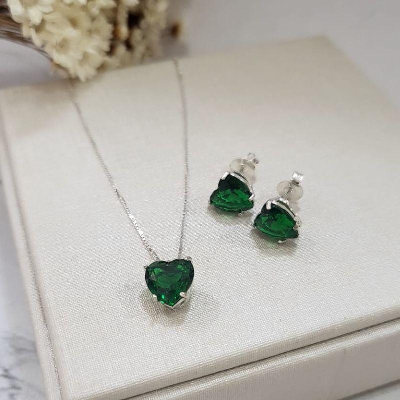 CONJUNTO CORACAO ZIRCONIA ESMERALDA