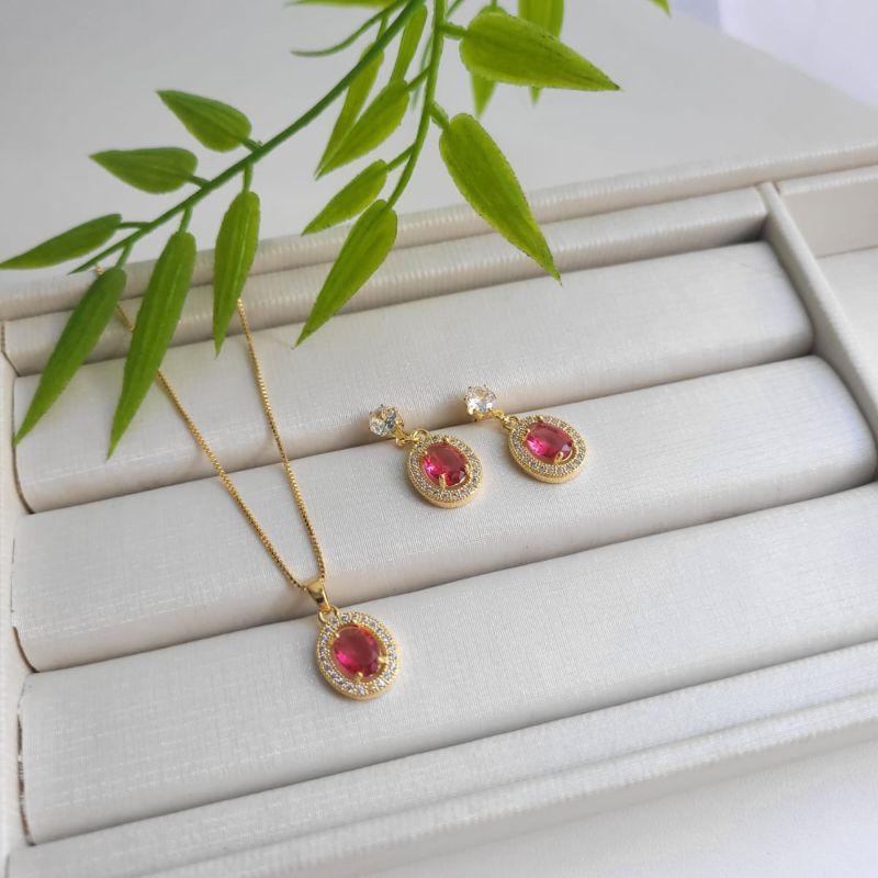 CONJUNTO PEDRA OVAL VERMELHA