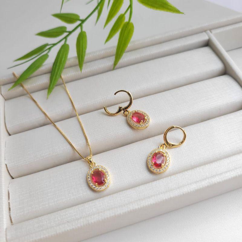 CONJUNTO PEDRA OVAL VERMELHA