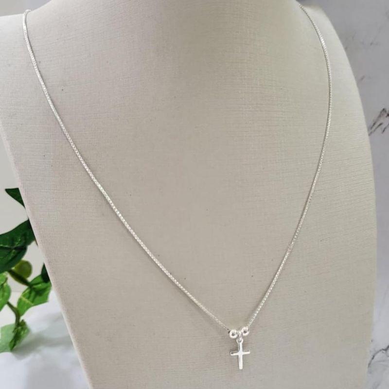 GARGANTILHA DE PRATA 925 VENEZIANA DUAS BOLINHAS E PINGENTE CRUZ PEQUENA TAM40CM