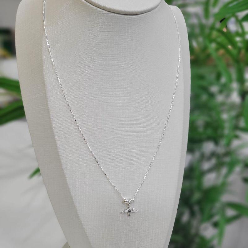 GARGANTILHA DE PRATA 925 VENEZIANA DUAS BOLINHAS E PINGENTE ESPIRITO SANTO TAM20CM