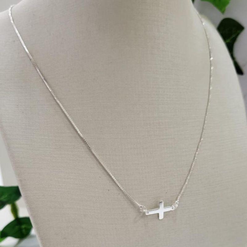 GARGANTILHA DE PRATA 925 VENEZIANA PINGENTE CRUZ DEITADA LISA TAM40CM