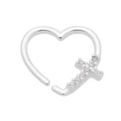 PIERCING DE PRATA 925 ARGOLA CORAÇÃO CRUZ COM ZIRCÔNIA