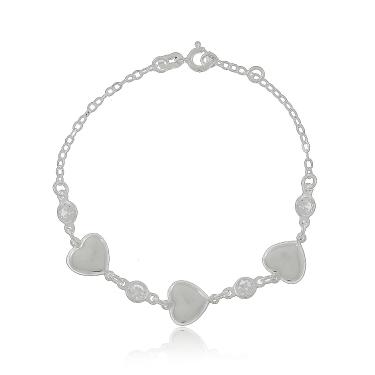 PULSEIRA 3 CORAÇÕES E 4 ZIRCÔNIAS PRATA 20CM