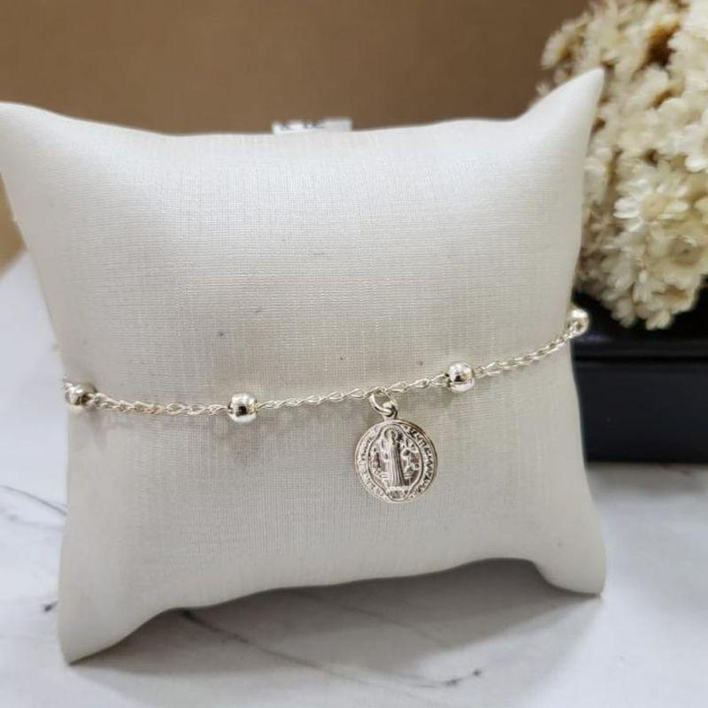 PULSEIRA COM BOLINHAS E SÃO BENTO PRATA 925 TAM20CM