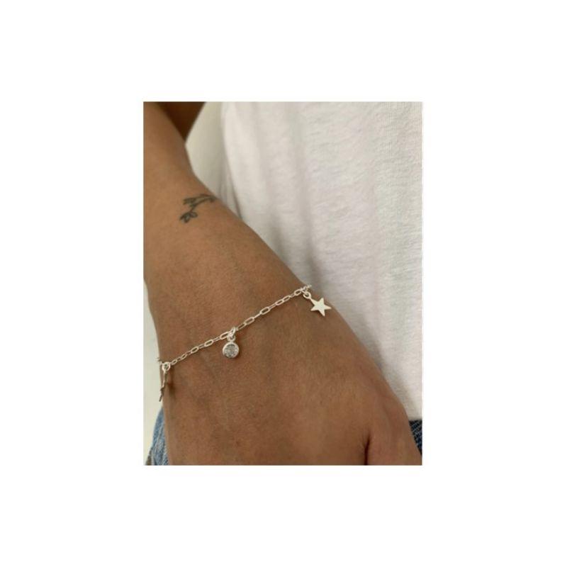 Pulseira com estrelinhas lua e ponto de luz prata 925 TAM18CM
