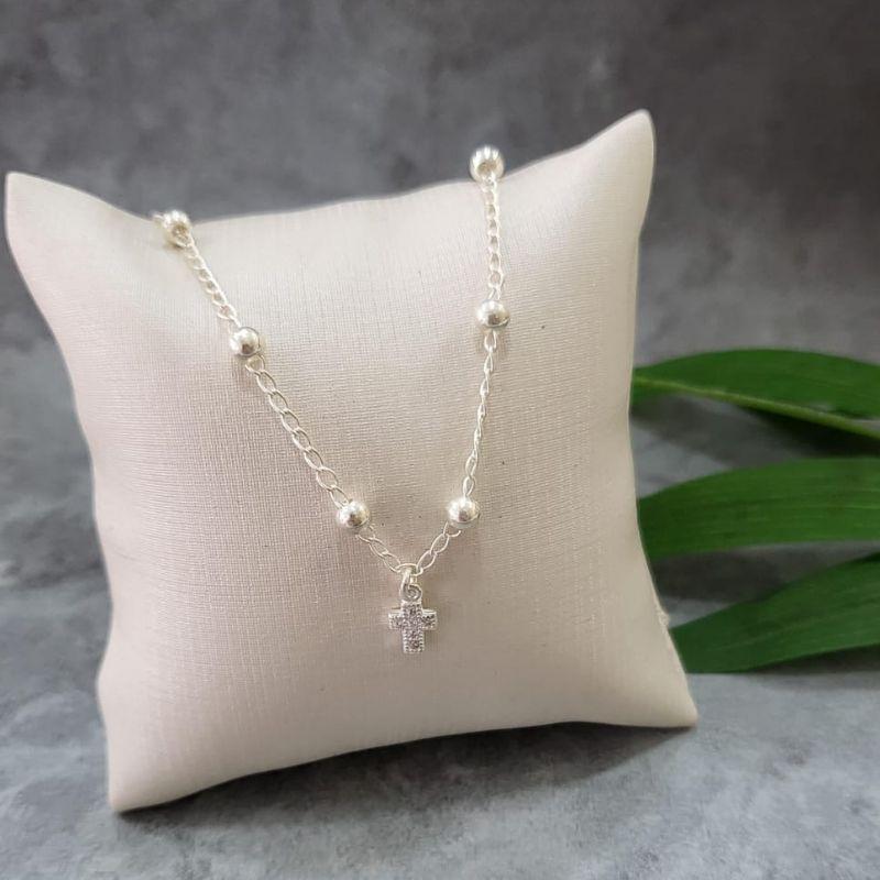 Pulseira de bolinhas com uma cruz cravejada pendurada prata 925 TAM18CM