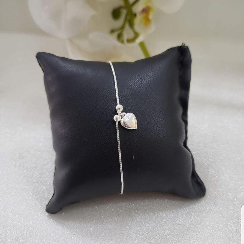PULSEIRA DE PRATA 925 VENEZIANA COM DUAS BOLINHAS E PINGENTE CORAÇÃO CHEIO TAM18CM