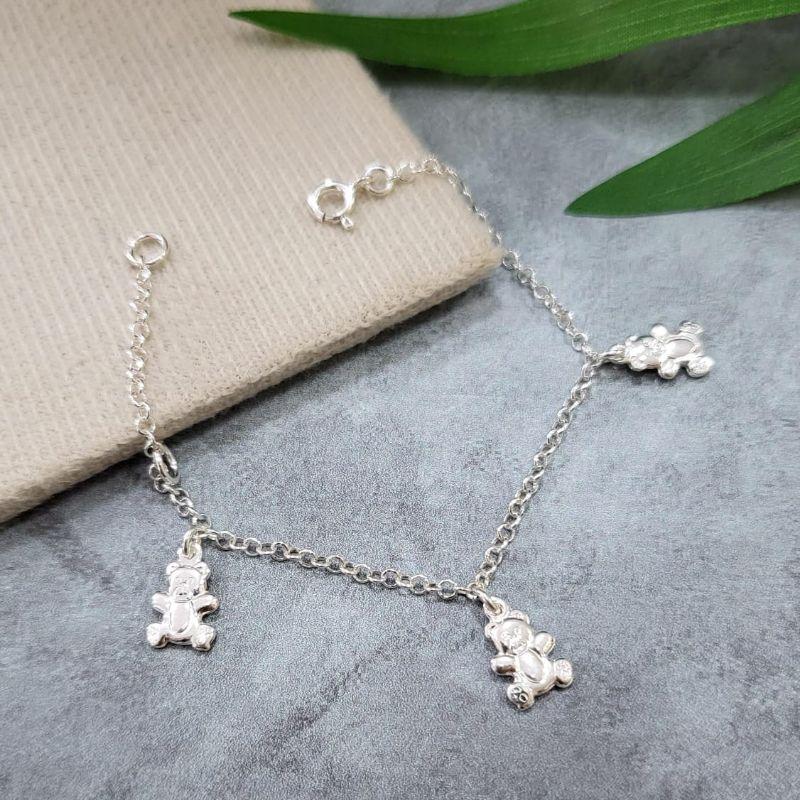 Pulseira infantil com pingentes de ursinhos prata 925 14CM