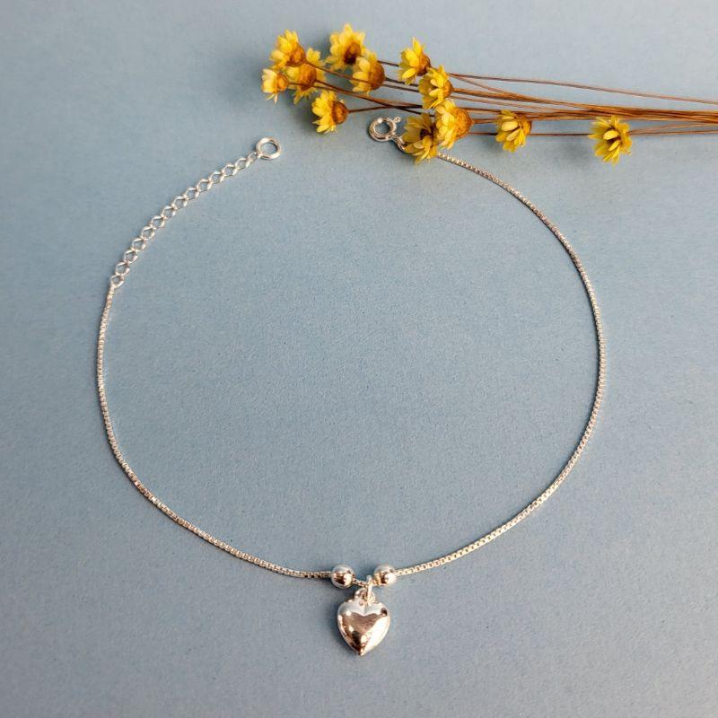 TONOZELEIRA DE PRATA 925 VENEZIANA COM DUAS BOLINHAS E PINGENTE CORAÇÃO TAM25CM