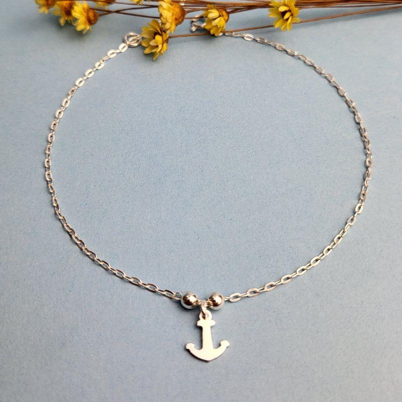 TORNOZELEIRA DE PRATA 925 COM 2 BOLINHAS PEQUENAS E ÂNCORA TAM25CM