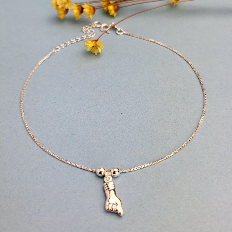 TORNOZELEIRA DE PRATA 925 VENEZIANA COM 2 BOLINHAS E PINGENTE FIGA