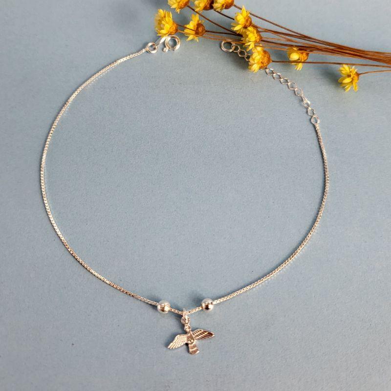 TORNOZELEIRA DE PRATA 925 VENEZIANA COM DUAS BOLINHAS E PINGENTE ESPIRITO SANTO TAM25CM