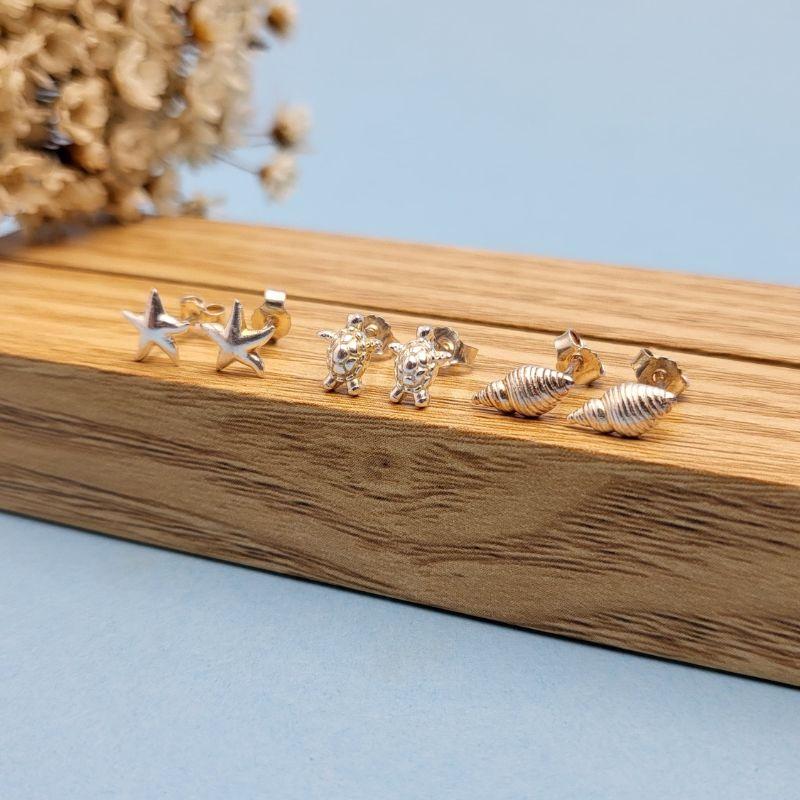 TRIO BRINCO DE PRATA 925 TARTARUGA ESTRELA E CONCHA