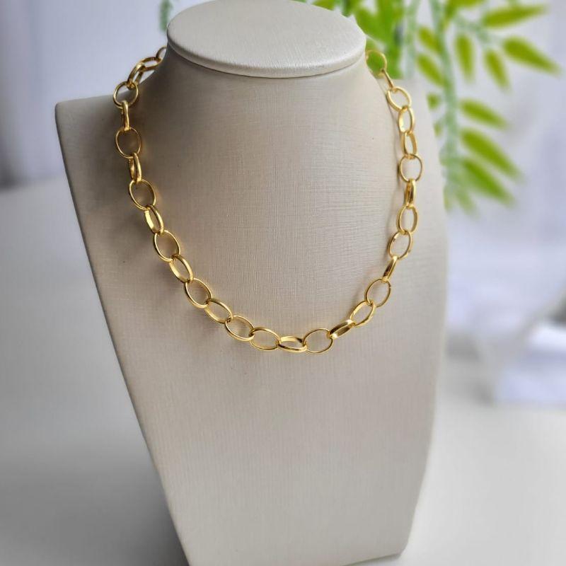 Choker elos ovais grandes largos com extensor banhado a ouro 18k
