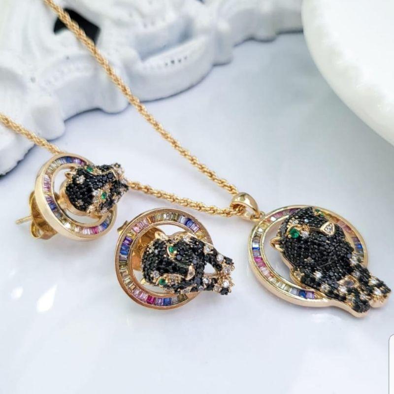 CONJUNTO DE LUXO LEOPARDO CRAVEJADO COLEÇÃO SAVANA BANHADO A OURO 18K TAM40CM