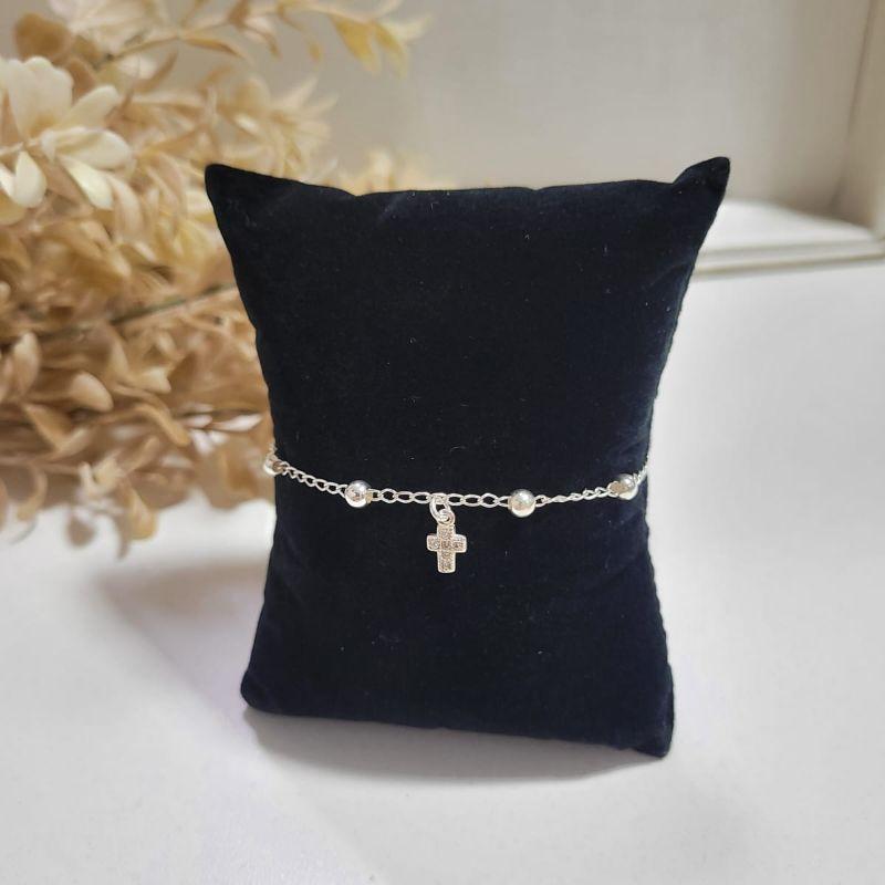 Pulseira de bolinhas com uma cruz cravejada pendurada prata 925 TAM18CM