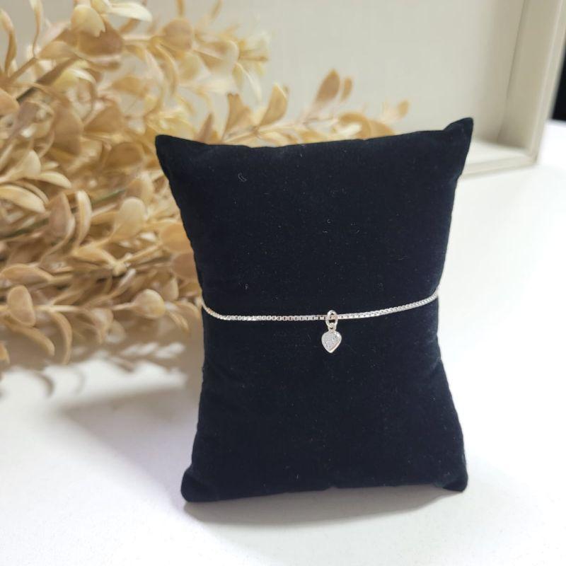 PULSEIRA DE PRATA 925 PINGENTE PEDRA CORACAO CRISTAL TAM18CM