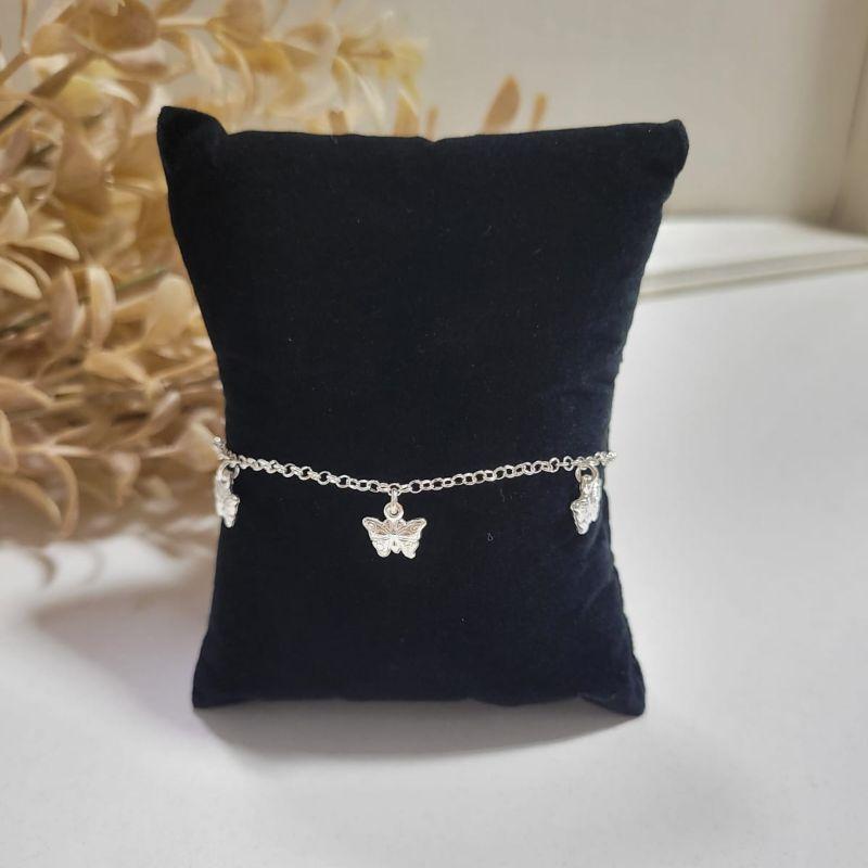 Pulseira infantil no elo portugues com tres pingentes borboletas prata 925 TAM15CM