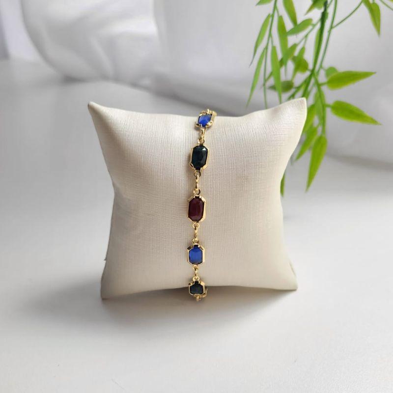 PULSEIRA INFANTIL PEDRAS COLORIDAS RETANGULAR BANHADA A OURO 18K TAM15CM