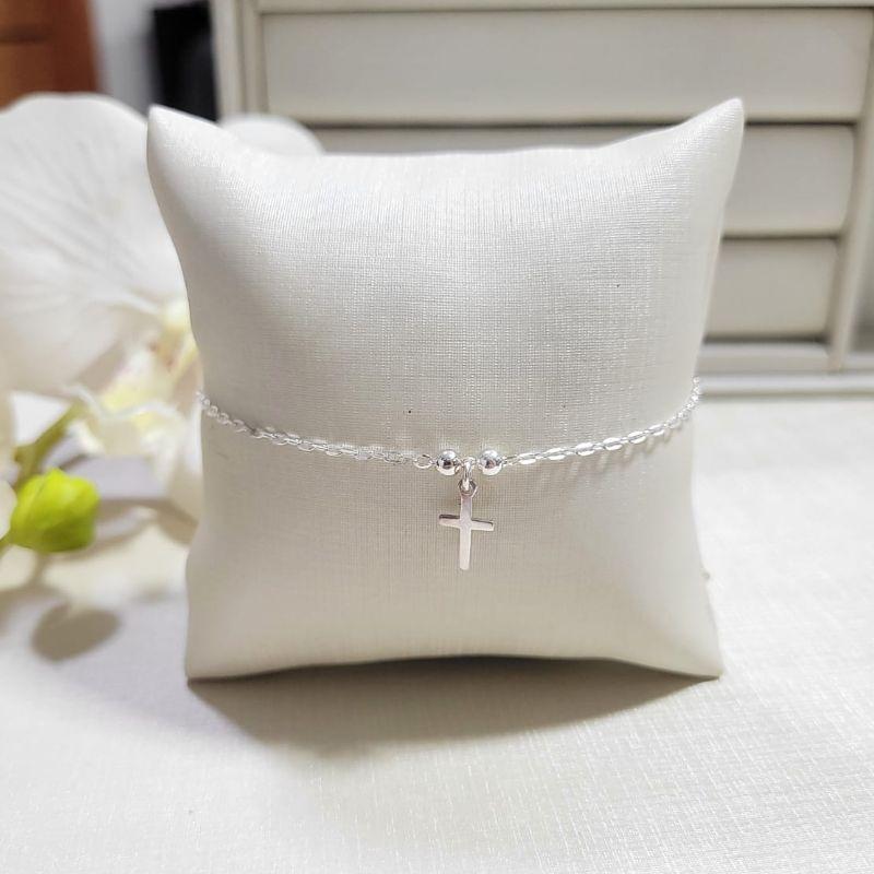 TONOZELEIRA DE PRATA 925 ELO CARTIER COM DUAS BOLAS E PINGENTE CRUZ TAM25CM