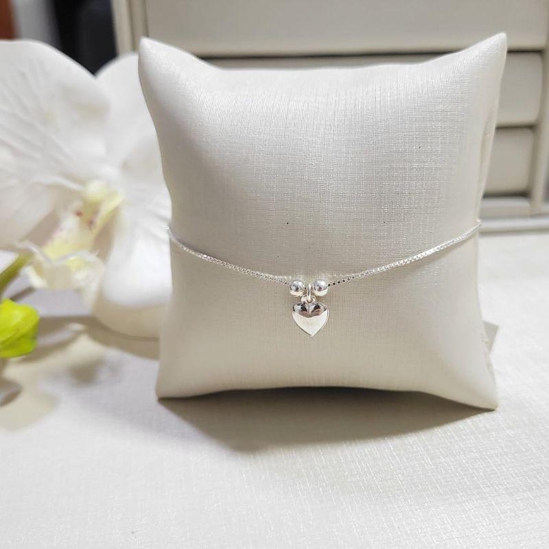 TONOZELEIRA DE PRATA 925 VENEZIANA COM DUAS BOLINHAS E PINGENTE CORAÇÃO TAM25CM