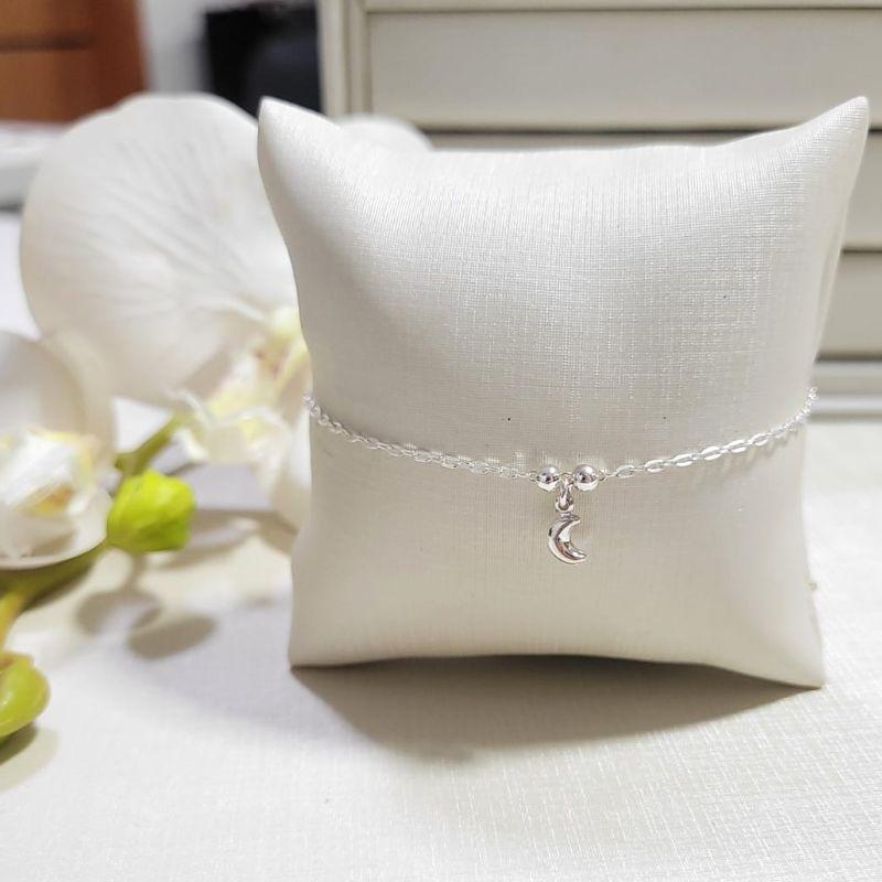 TORNOZELEIRA DE PRATA 925 COM  2 BOLINHAS E PINGENTE LUA TAM25CM