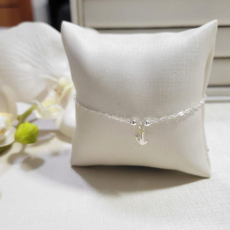 TORNOZELEIRA DE PRATA 925 COM 2 BOLINHAS PEQUENAS E ÂNCORA TAM25CM