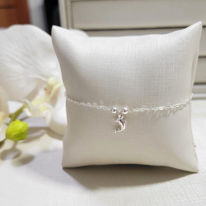 TORNOZELEIRA DE PRATA 925 COM 4 BOLINHAS E PINGENTE GOLFINHO TAM25CM