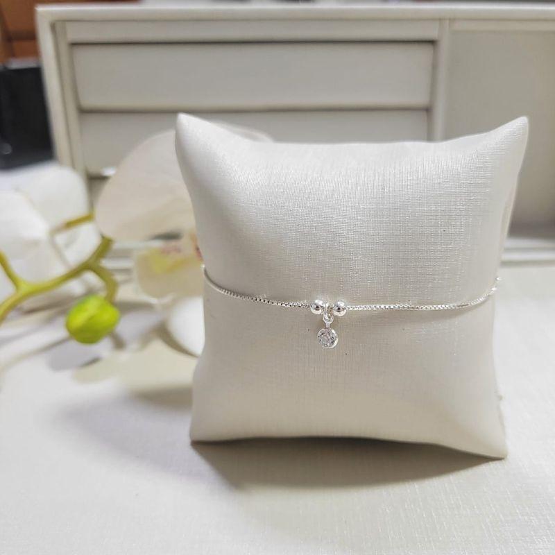 TORNOZELEIRA DE PRATA 925 VENEZIANA COM 2 BOLINHAS PEQUENAS E PINGENTE PONTO DE LUZ TAM25CM