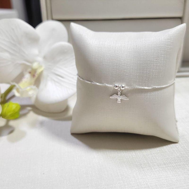 TORNOZELEIRA DE PRATA 925 VENEZIANA COM DUAS BOLINHAS E PINGENTE ESPIRITO SANTO TAM25CM