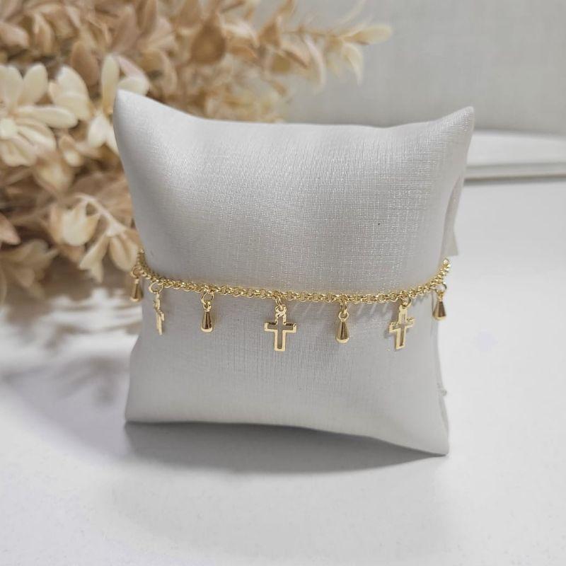 TORNOZELEIRA NO ELO PORTUGUES CRUZ E GOTINHAS BANHADO A OURO 18K TAM25CM