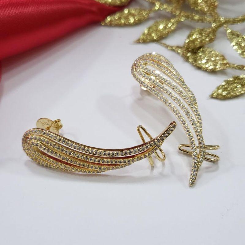 Brinco luxo asa earcuff toda cravejada banhado a ouro 18k