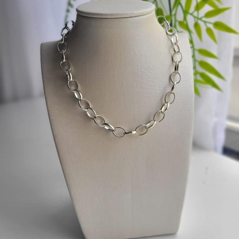 Choker elos ovais grandes largos com extensor banhado no rodio branco TAM30CM