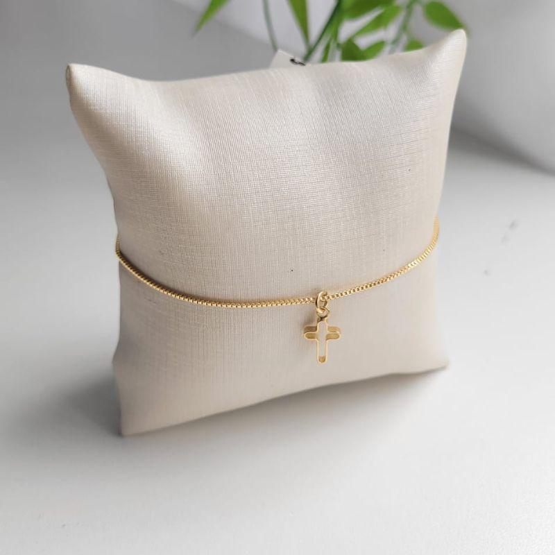 PULSEIRA VENEZIANA  COM PINGENTE CRUZ VAZADA BANHADO A OURO 18K TAM19,5CM
