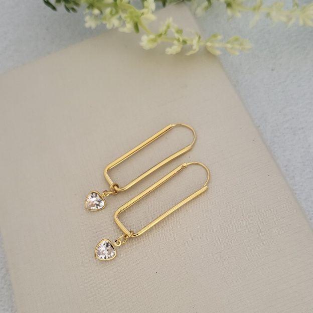 ARGOLA  RETANGULAR LISA  COM PINGENTE DE CORACAO CRISTAL  FIO REDONDO 4,2CM  BANHADO A OURO 18K